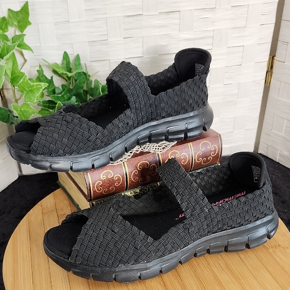 👉SKECHERS SYNERGY SUNDAY STROLL BLACK PEEP TOE MARY JANE COMFORT SHOES ~SIZE 8